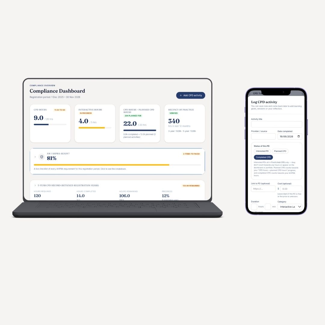 Your compliance dashboard on the computer, and logging a CPD activity on the phone.