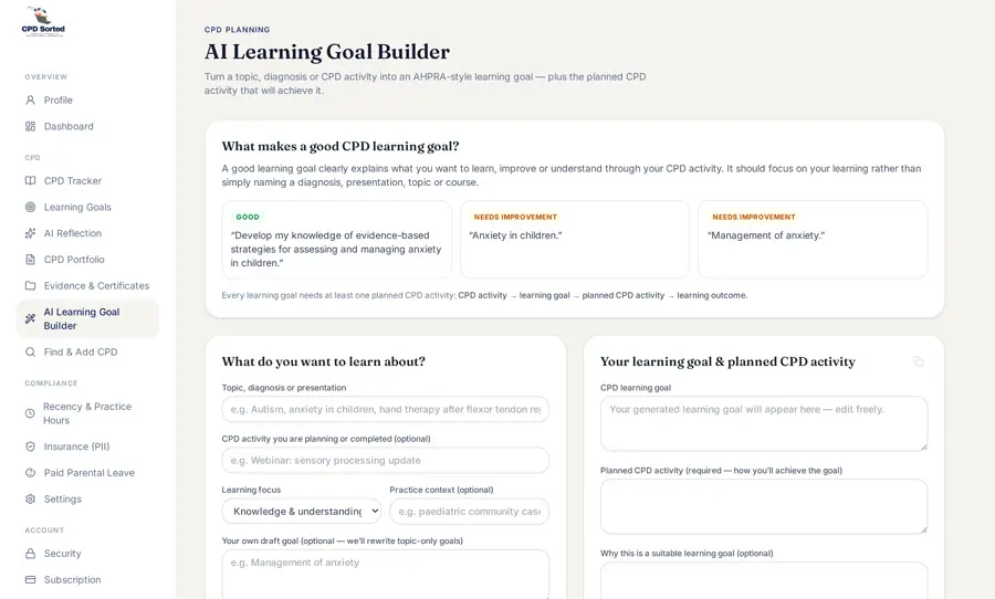 Building a learning goal in CPD Sorted